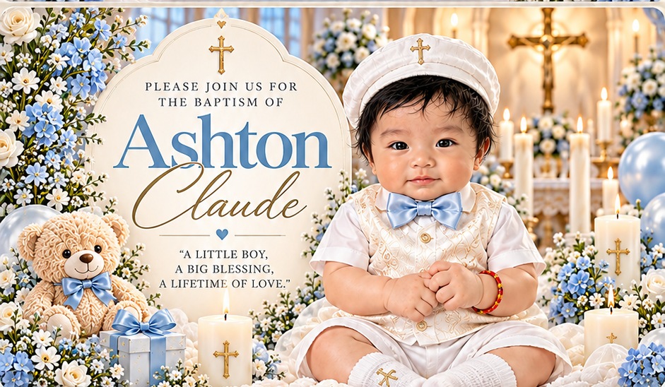 Ashton Claude in a white baptism outfit with a white baptism cap and blue bow tie